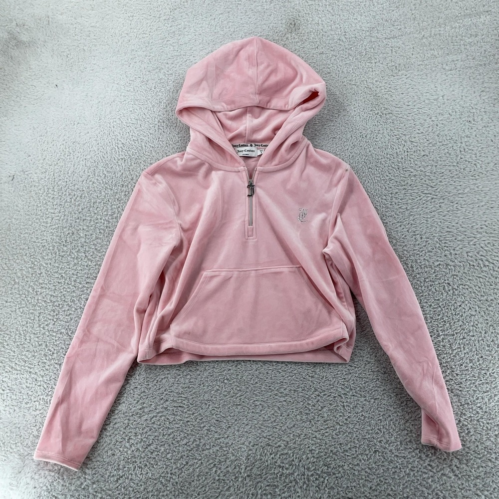 Juicy Couture Cropped Hoodie Women M Pink Velour Rhinestone J 1/4 Zip Sweatshirt